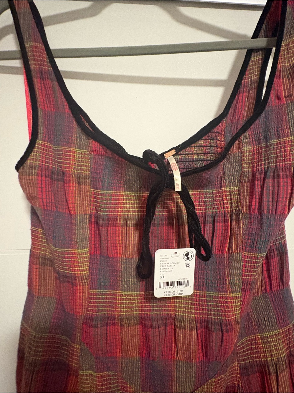 Free People Freya Strappy Midi Dress in Cherry Plaid with Black Trim - Picture 3 of 7